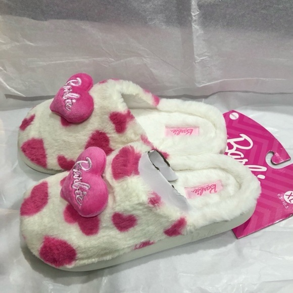 Barbie white & pink hearts puffy pink Barbie heart faux fur slippers size XL new - Picture 2 of 8